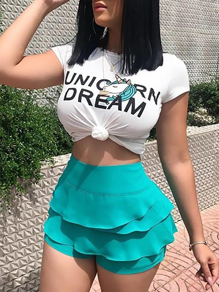 

Letter Print Crop Tee & Layered Shorts Set, Green
