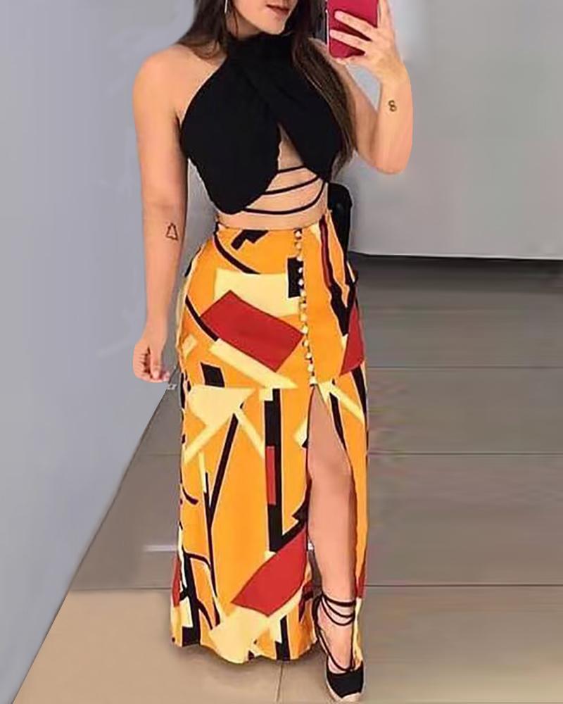

Split Colorful Geo Print Maxi Skirt, Yellow
