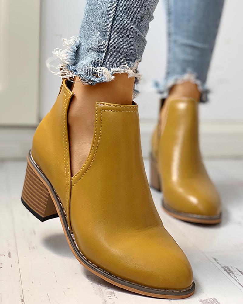 

Solid PU Cut Out Design Chunky Heeled Boots, Yellow