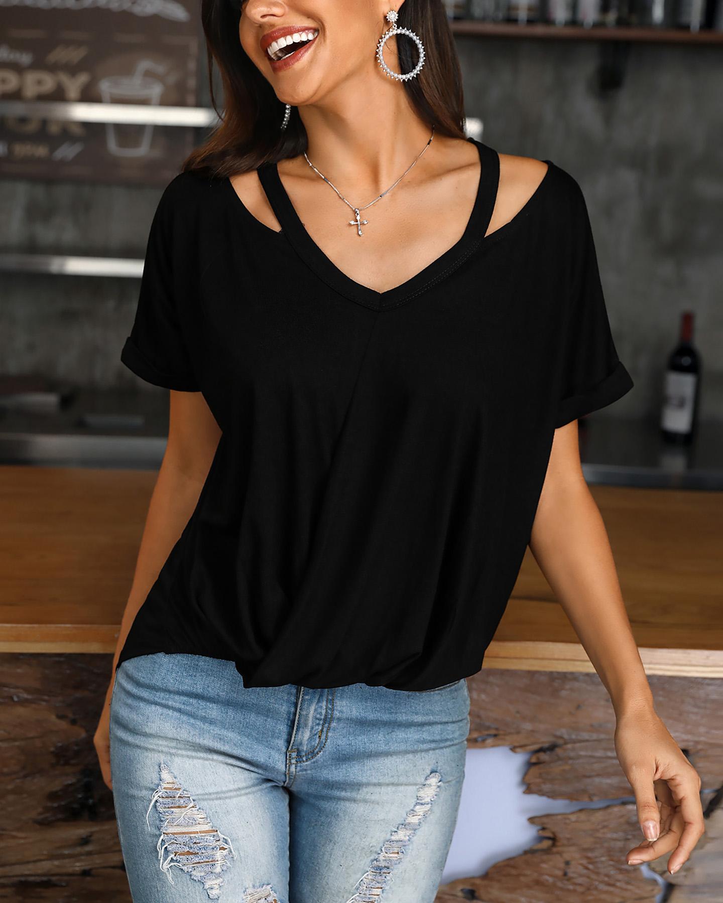 

Short Sleeve V-Neck Cutout T-shirt, Black