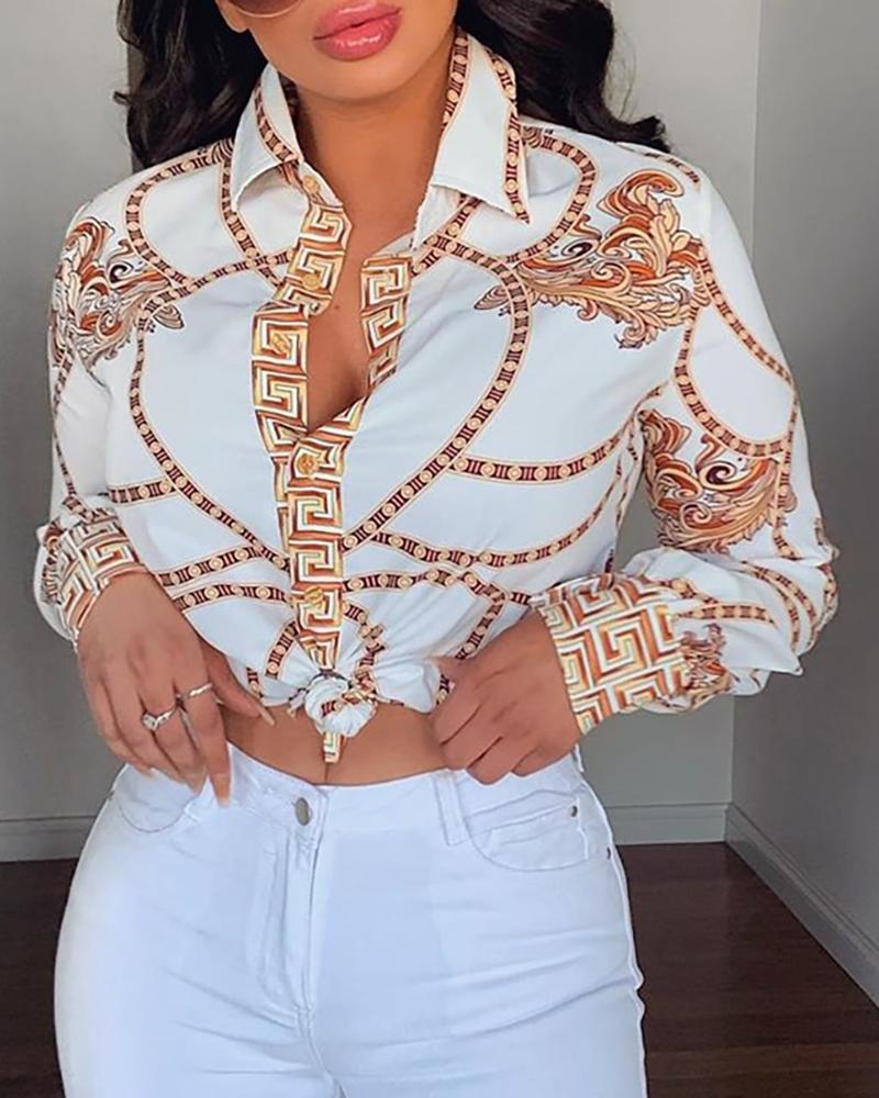 

Chain Print Long Sleeve Casual Shirt, White