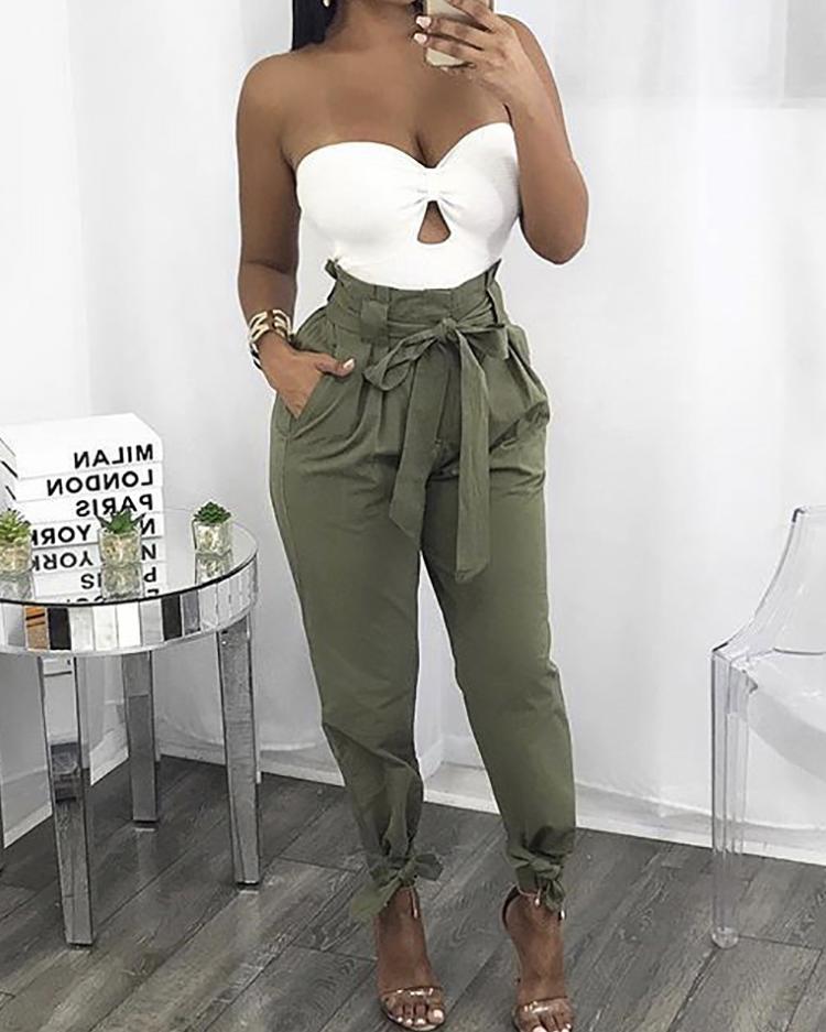 

Fashion Belted Ankle Tie High Waist Pants, Army green