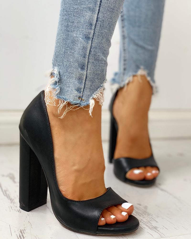 

Solid Peep Toe Casual Heeled Sandals, Black