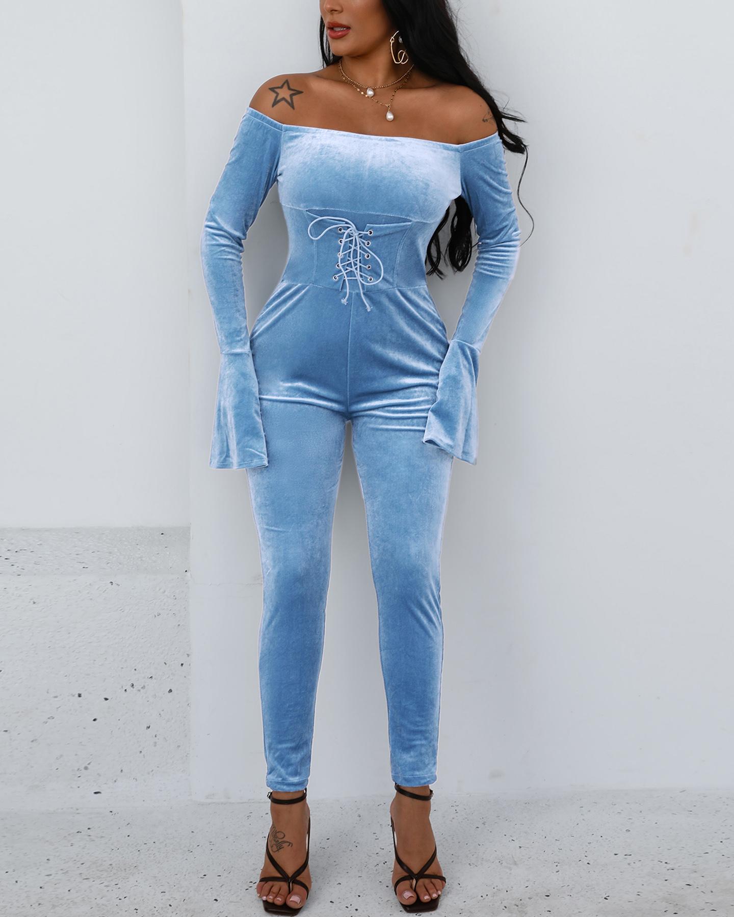 

Off Shoulder Velvet Eyelet Lace-up Jumpsuit, Blue