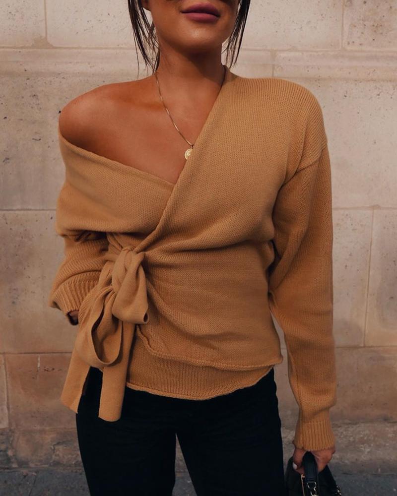 

Solid Long Sleeve Knotted Sweater