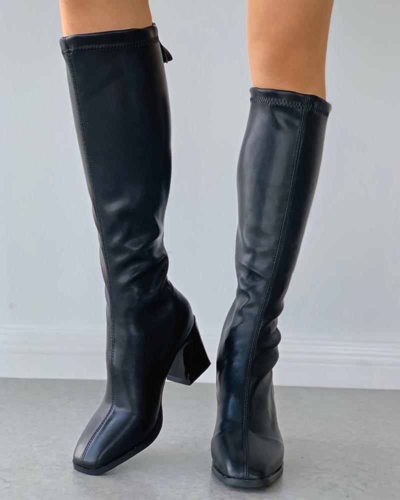 

Back Zip Square Toe Chunky Heeled Boots, Black