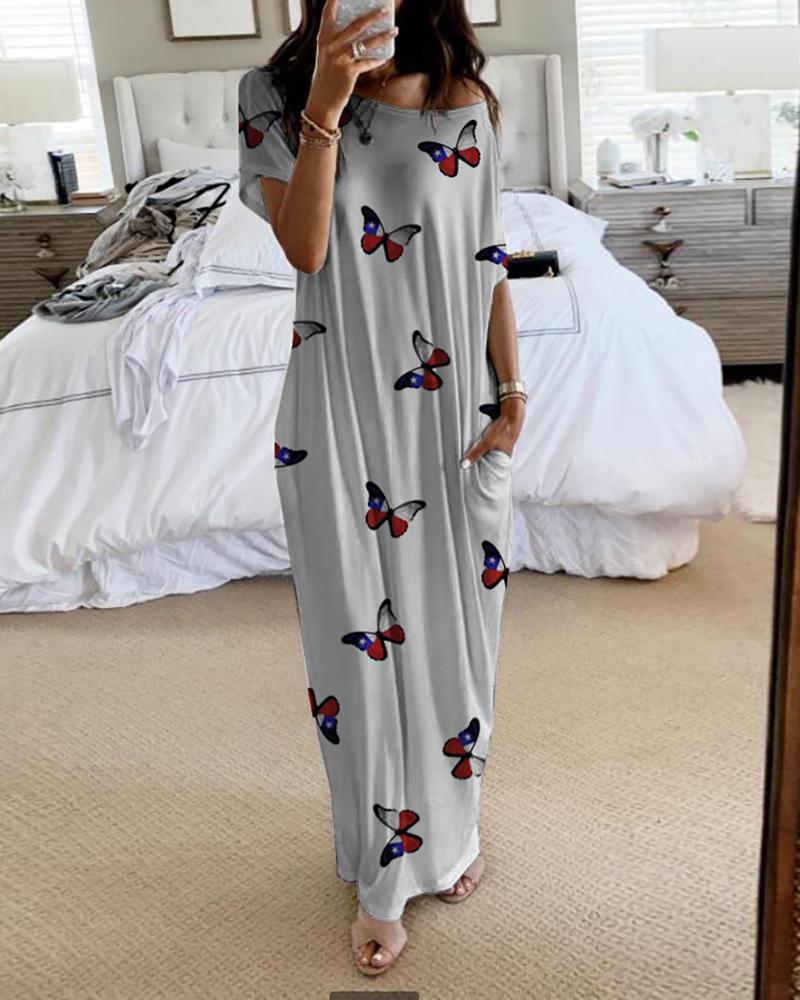 

Butterfly Print Short Sleeve Casual Dress, Gray