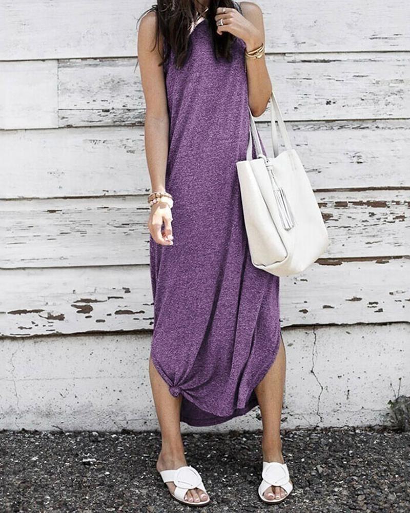 

Solid Round Neck Slit Casual Dress, Purple