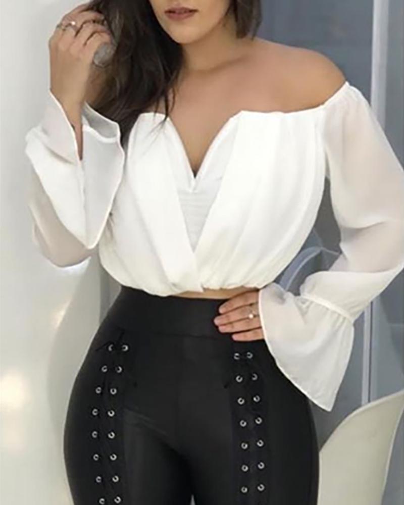 

Off Shoulder Bell Sleeve V-Cut Blouse, White