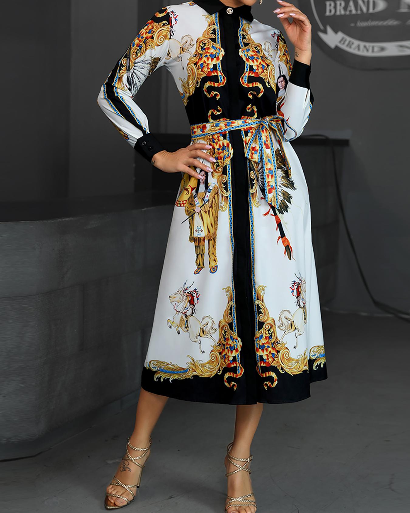 

Mixed Print Long Sleeve Shirt Dress, White