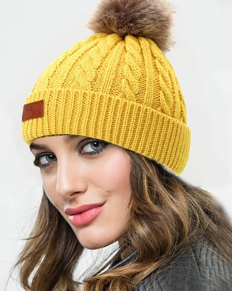 

Pom Pom Decor Braided Beanie, Yellow