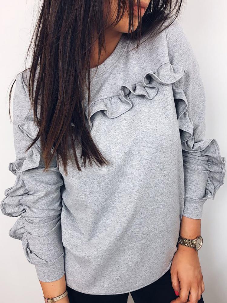 

Solid Frills Long Sleeve Pullover Sweatshirt