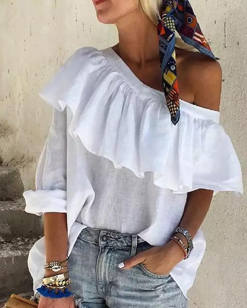 

One Shoulder Ruffles Casual Blouse, White