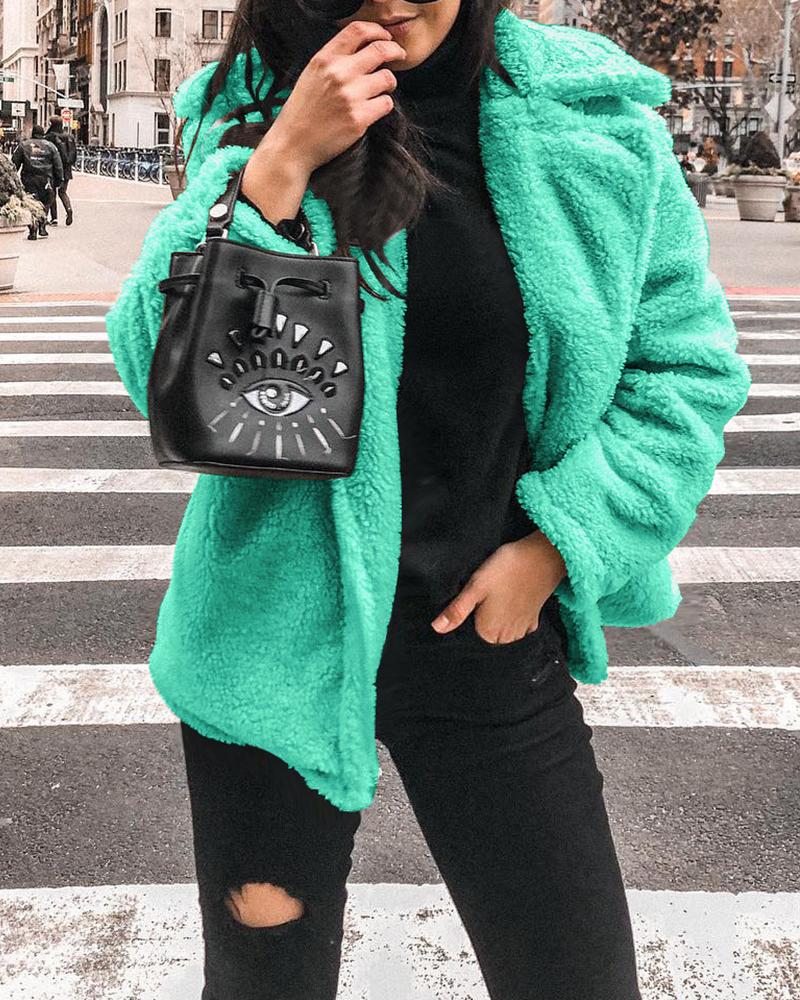 

Solid Open Front Collared Teddy Coat, Green