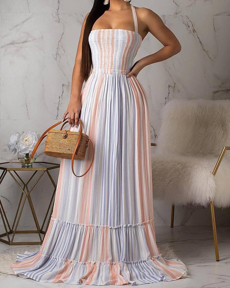 

Colorful Striped Halter Shirring Maxi Dress, Blue
