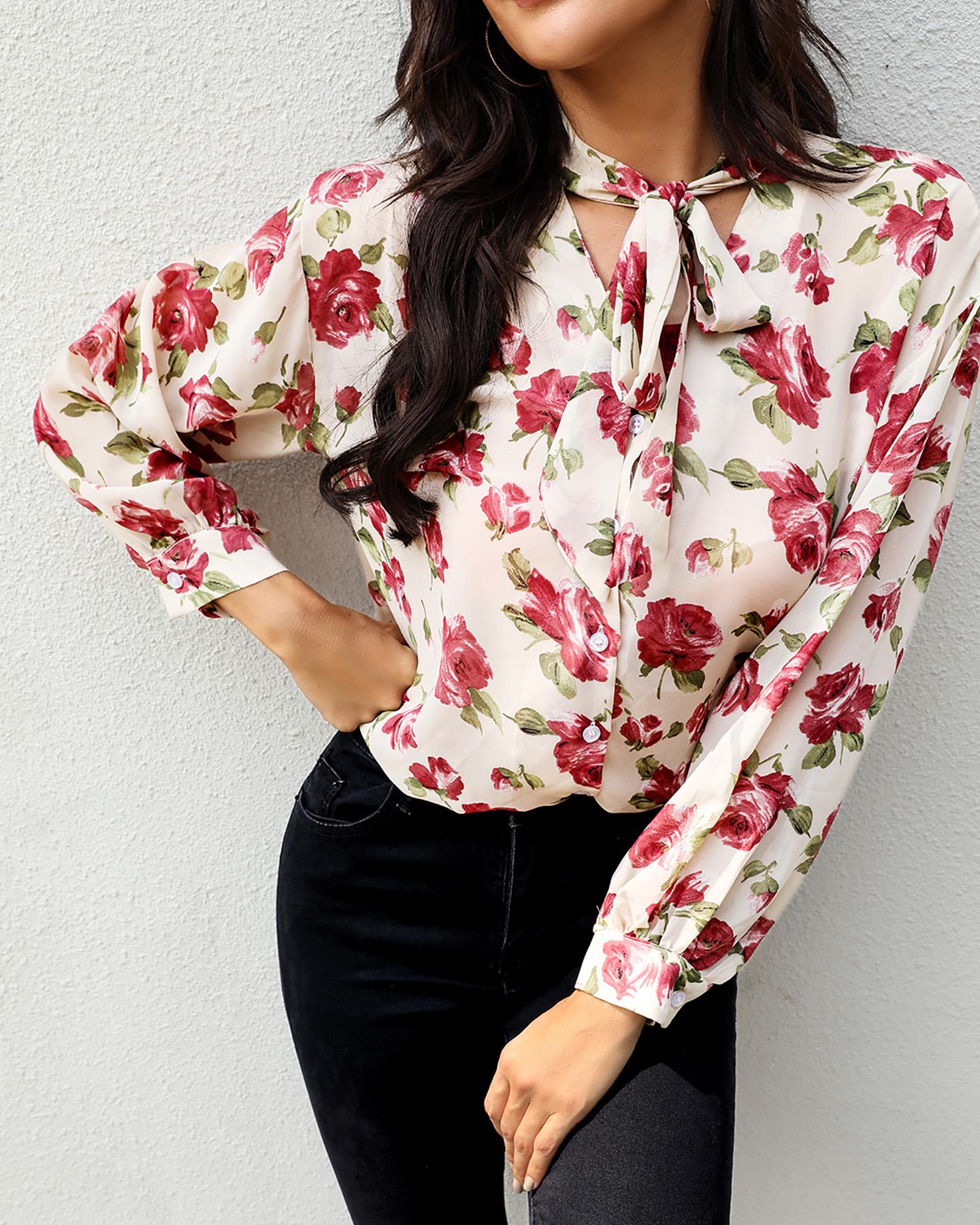 

Floral Print Tied Neck Shirt, Multicolor