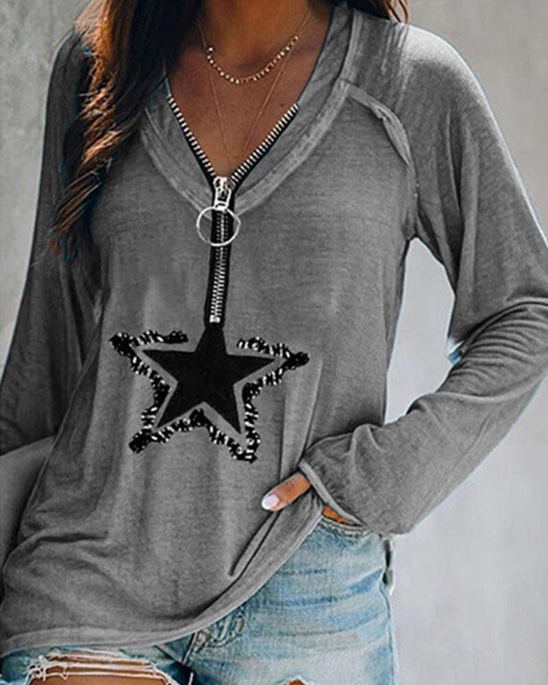 

Star Print Long Sleeve Splicing Zipper Blouse, Gray