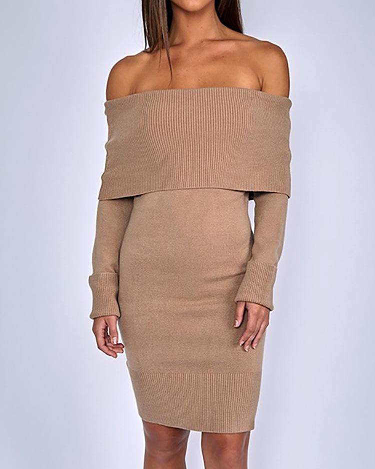 

Fold-Over Off Shoulder Bodycon Dress, Khaki