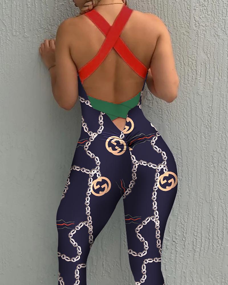 

Colorblock Chain Print Crisscross Back Ruched Jumpsuit, Purplish blue