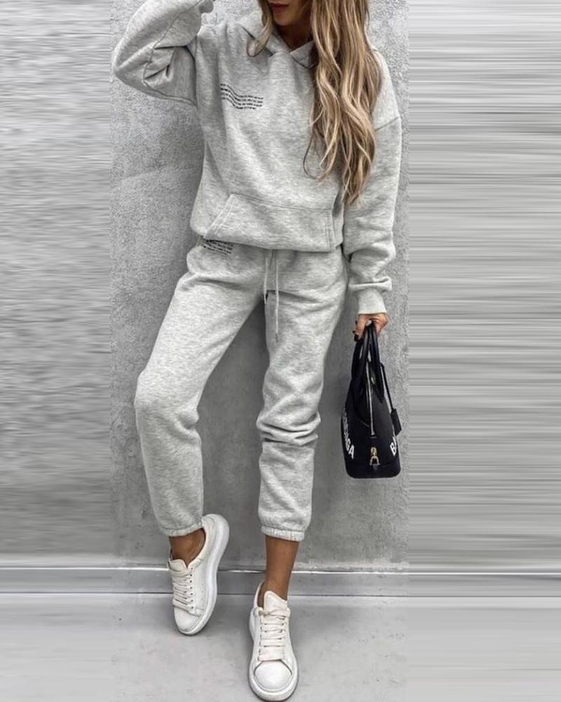 

Letter Print Long Sleeve Hoodie & Pants Set, Gray