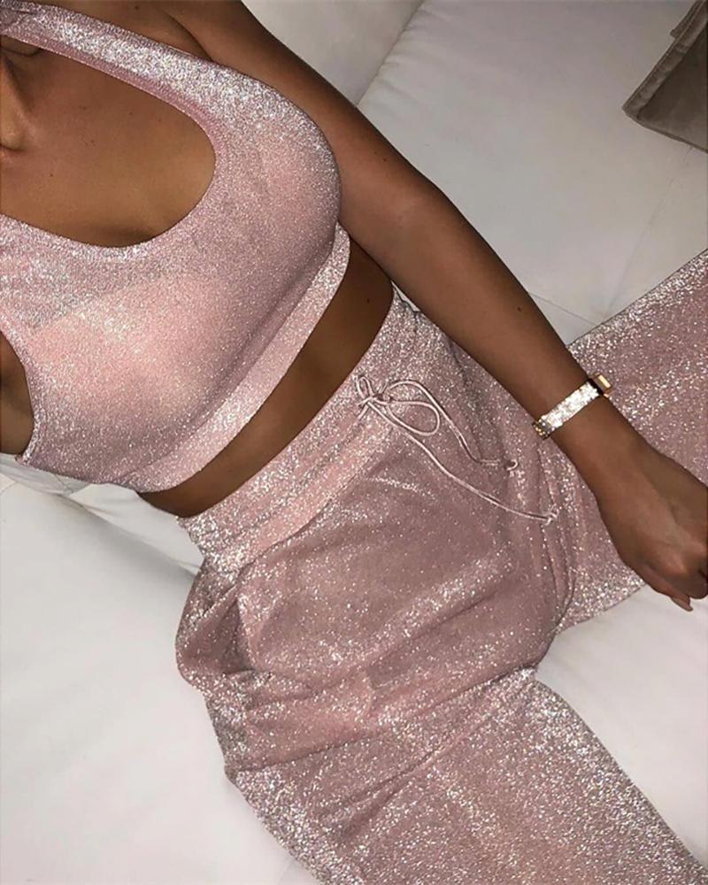 

Solid Crop Top & Pant Set, Pink