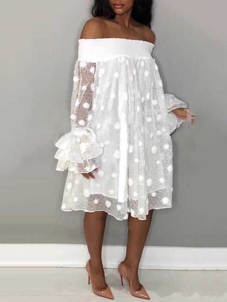 

Dots Mesh Shirring Off Shoulder Casual Dress, White