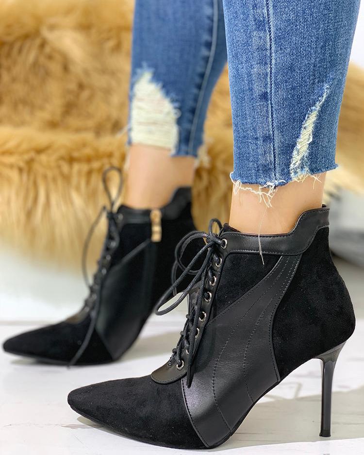 

Point Toe Lace-Up Thin Heeled Boots, Black