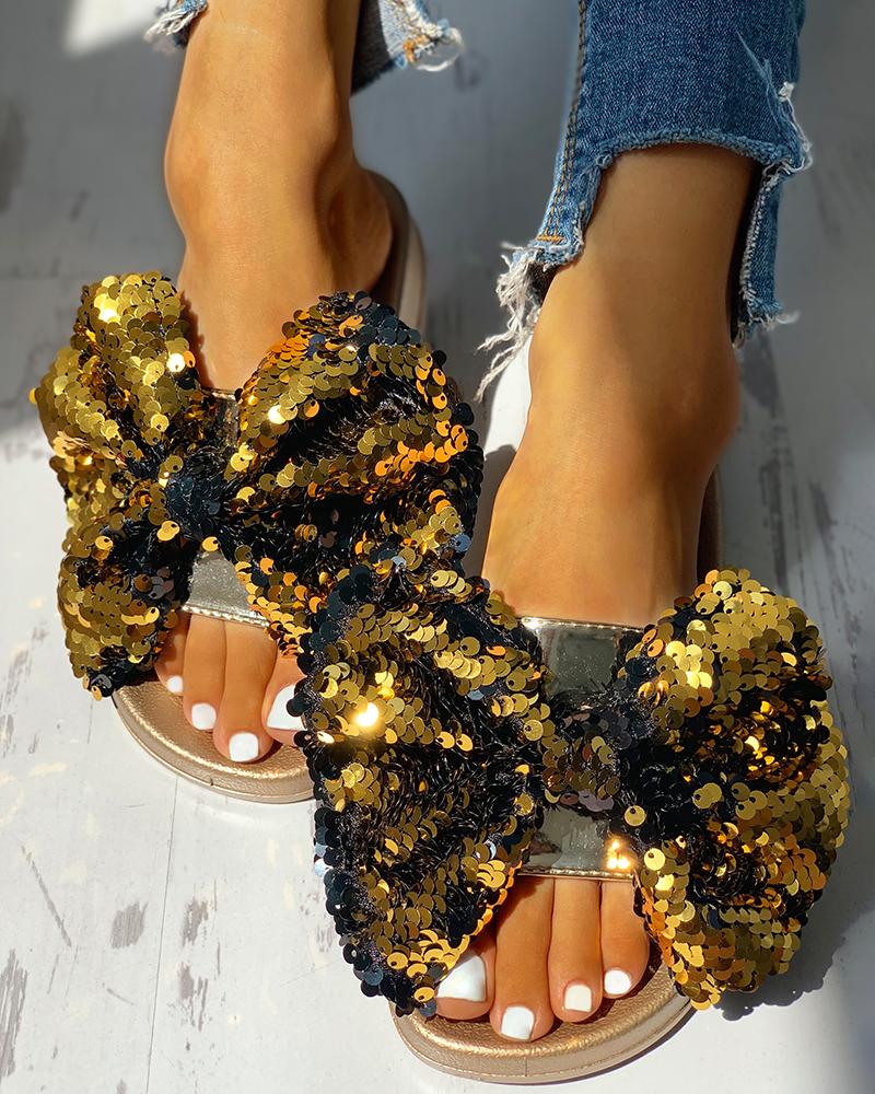 

Sequin Bowknot Design Open Toe Sandals, Gold