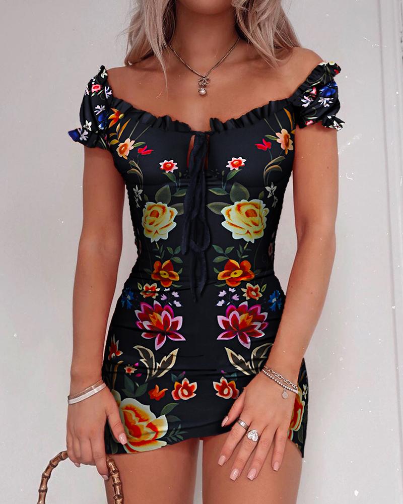 

Off Shoulder Floral Print Mini Dress, Black