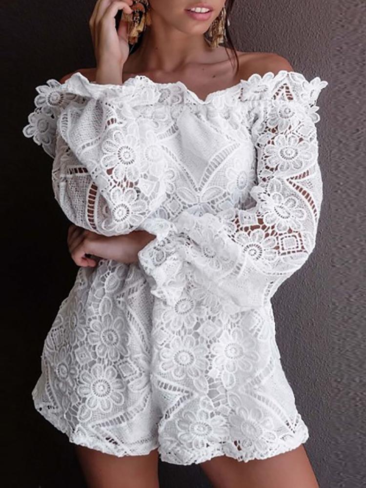 

Shirring Off Shoulder Lace Crochet Casual Romper, White