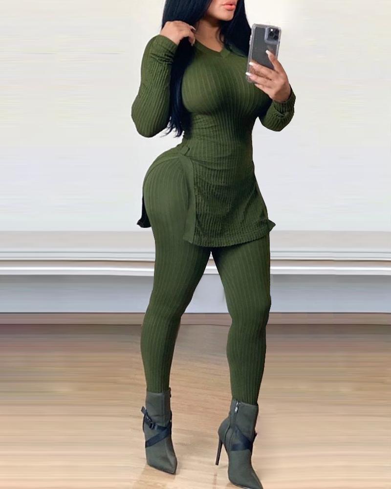 

V-Neck Solid Ribbed Slit Top & Pant Sets, Army green