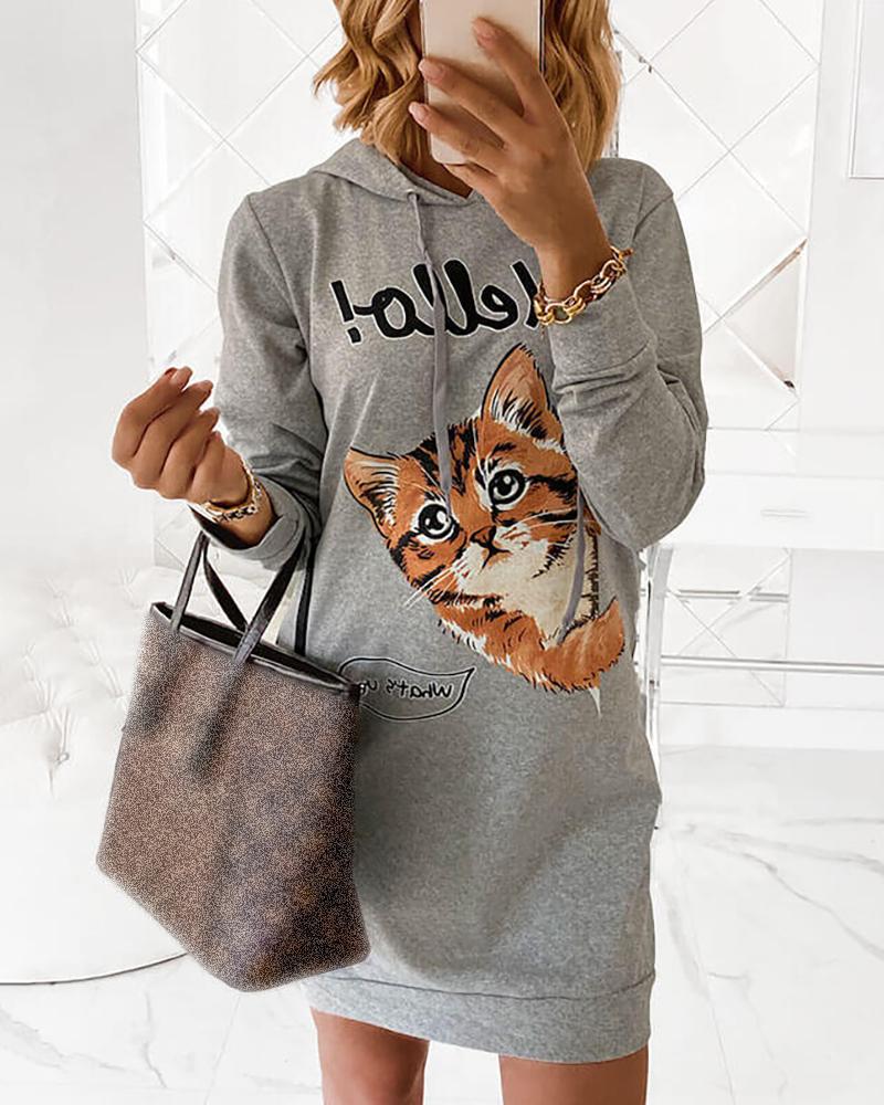 

Cat Print Long Sleeve Sweatshirt Dress, Gray