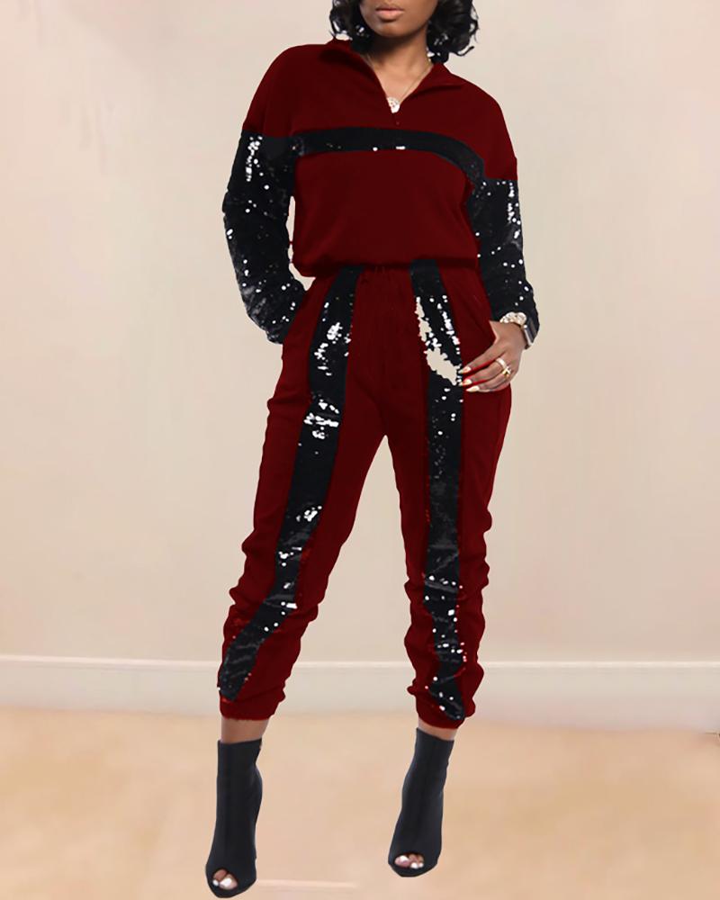 

Turn-down Collar Sequins Colorblock Top & Pants Sets, Wine red