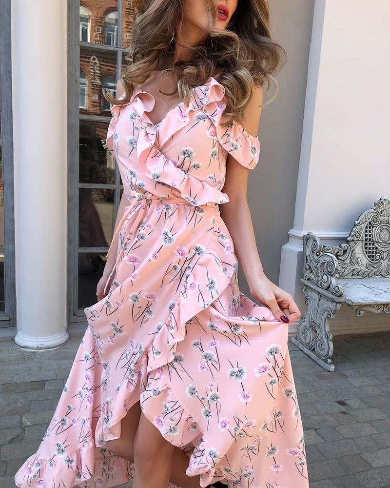 

Cold Shoulder Floral Print Ruffle Trim Dip Hem Dress, Pink