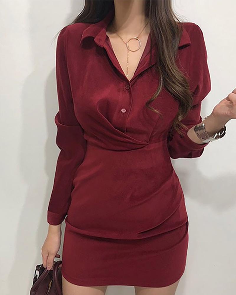 

Solid Turn-down Collar Long Sleeve Ruched Shirt Bodycon Dress, Wine red
