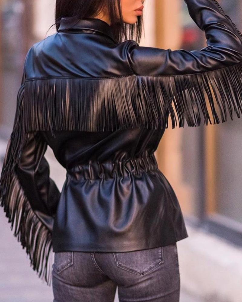 

Solid Long Sleeve Tassel Design PU Coat, Black
