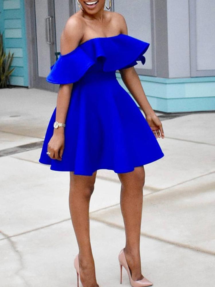 

Solid Ruffles Off Shoulder Pleated Mini Dress, Blue