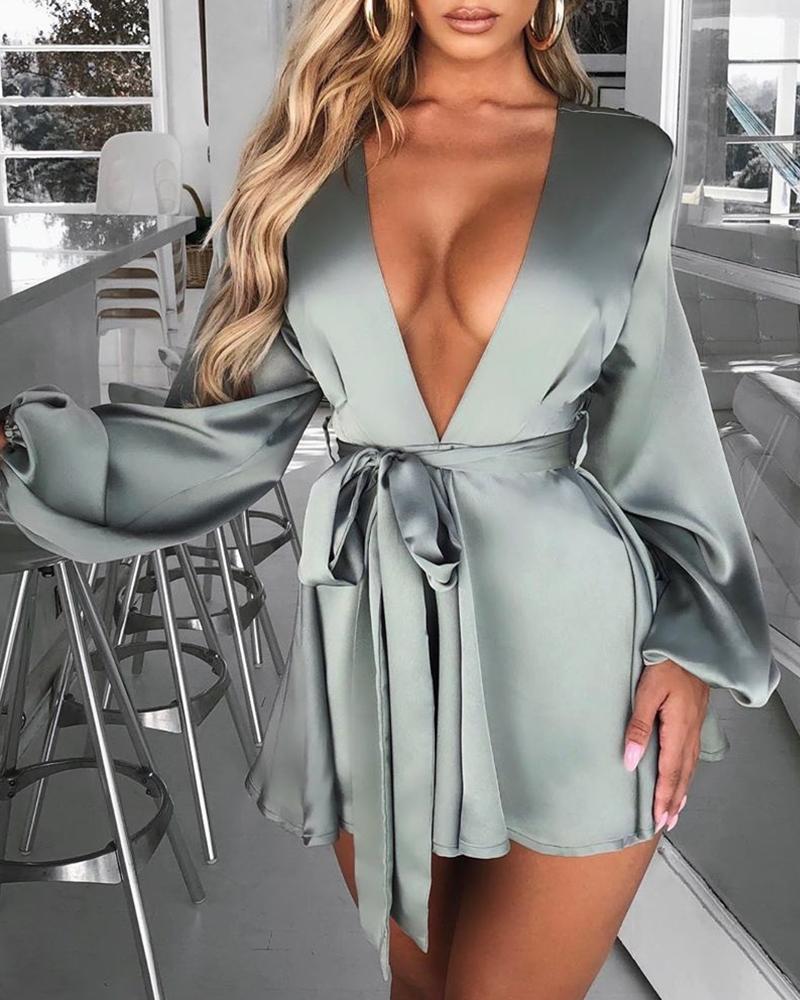 

Long Sleeve Plunge Mini Dress, Gray