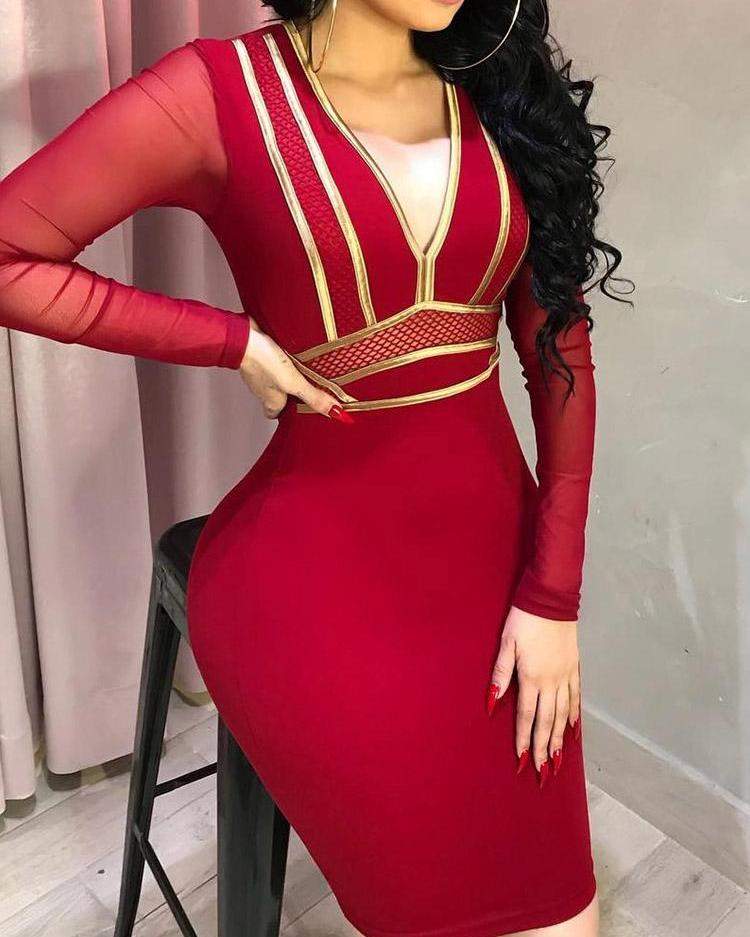 

Contrast Binding Mesh Insert Bodycon Dress, Red