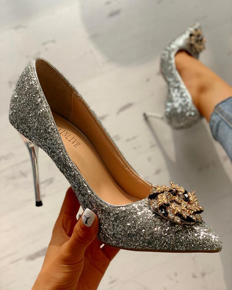 

Gem-Studded Pointed Toe Sequin Stiletto Heels, Silver