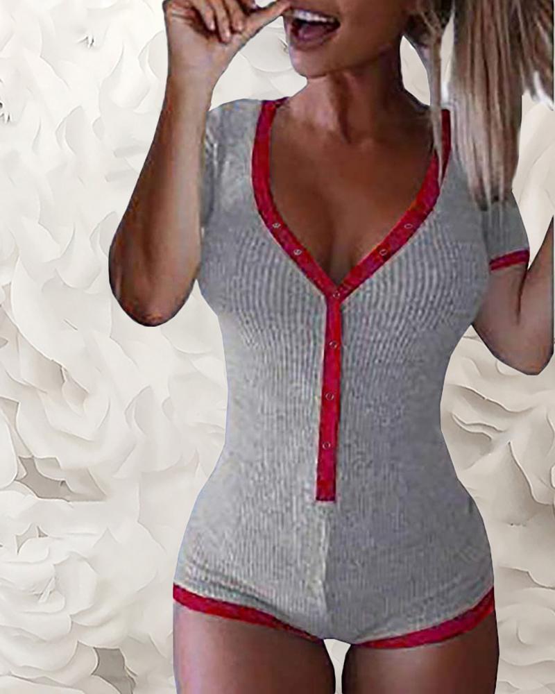

Contrast Binding Bottoned Short Sleeve Romper, Gray