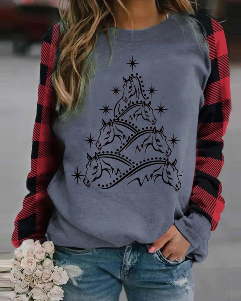 

Christmas Long Sleeve Horse Print Casual Sweatshirt, Gray