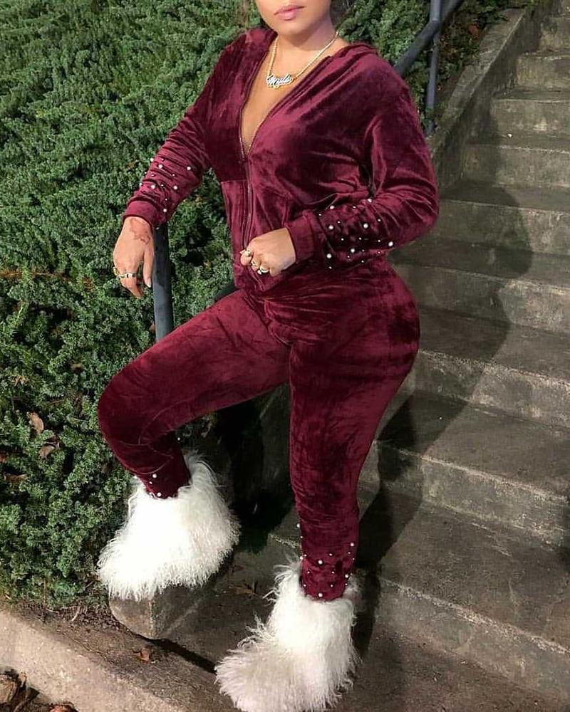 

Pleuche Solid Pearl Beaded Zipped Hooded Coat & Pant Sets, Wine red