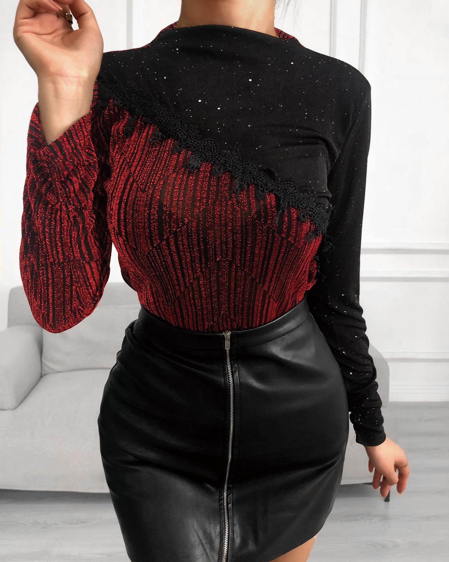 

Colorblock Long Sleeve Glitter Top, Red