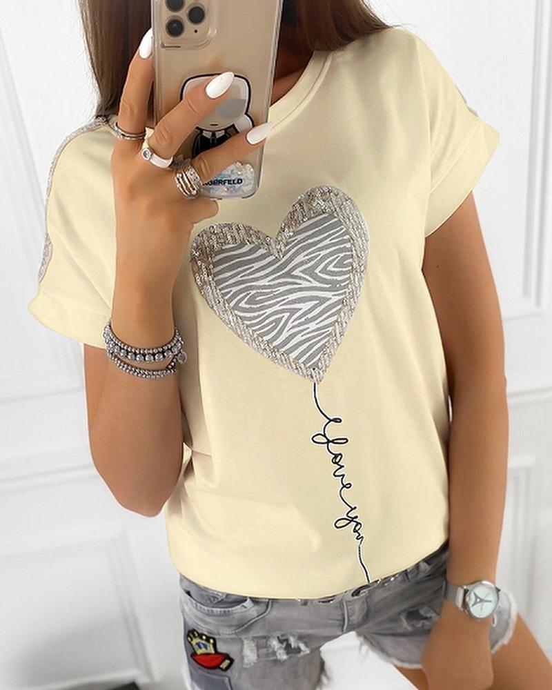 

Heart Sequins Zebra Print Casual T-shirt, Yellow