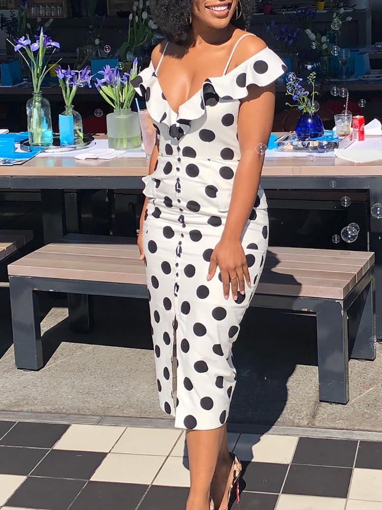 

Polka Dots Cold Shoulder Ruffles Detail Dress