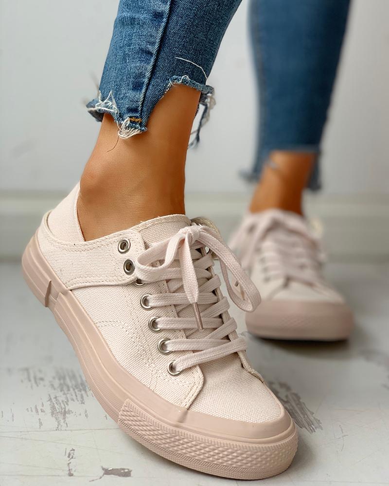 

Solid Eyelet Lace-Up Casual Sneakers, Pink