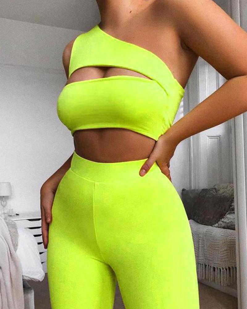 

One Shoulder Cut Out Top & Shorts Set, Green