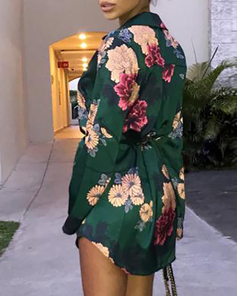 

Floral Print Tied Shirt Dress, Green