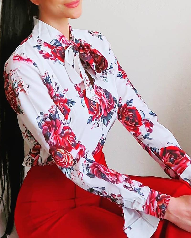 

Tied Neck Floral Print Long Sleeve Blouse, White